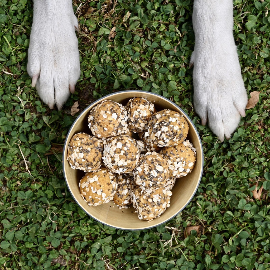 A bowl of homemade dog treats with a set of dog paws on each side of the bowl