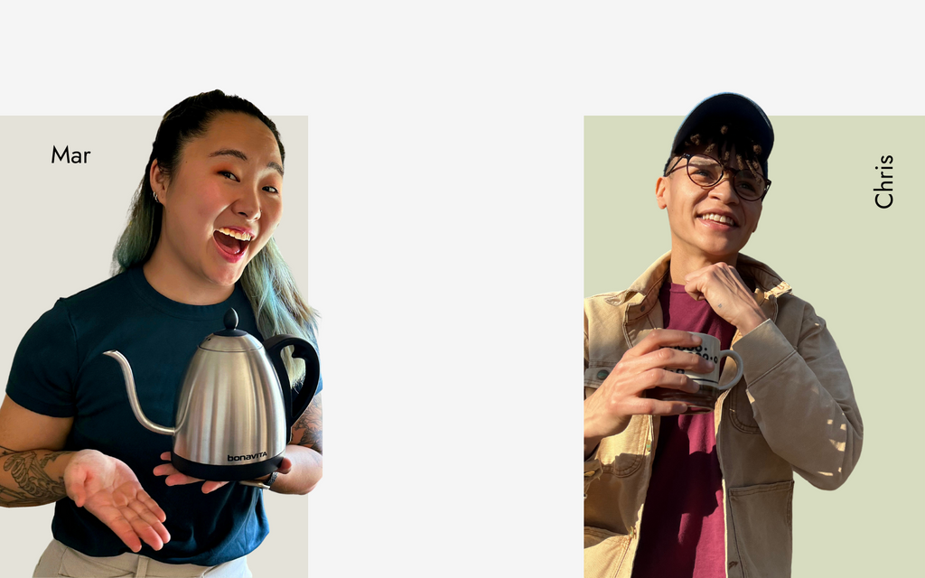 Mar is holding a Bonavita kettle and Chris is holding a coffee mug.