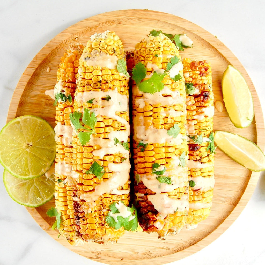 Grilled Corn with Spicy Vegan Mayo, Cilantro & Lime