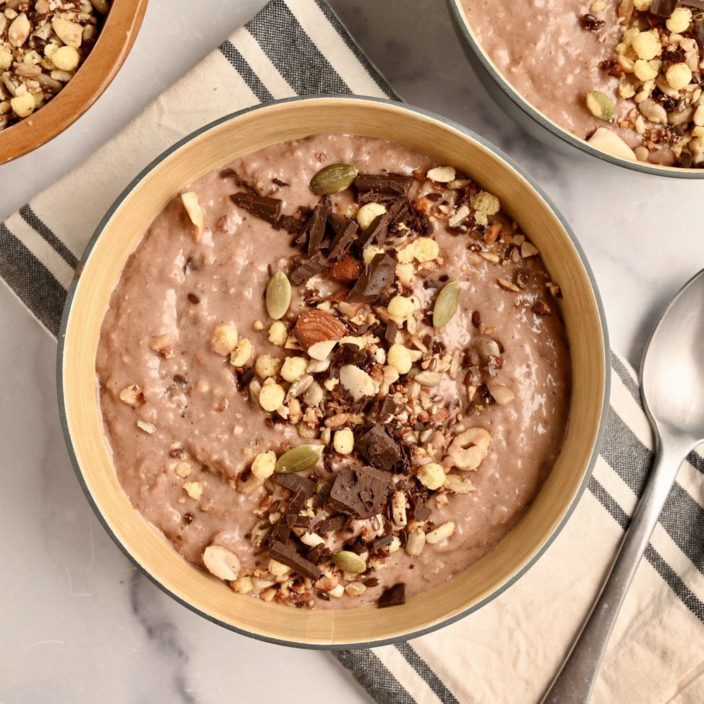 Chocolate oatmeal with crunchy toppings