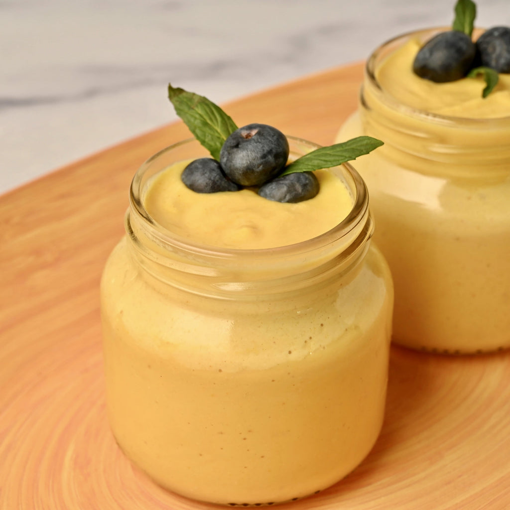 Clear glass jars filled with mango cashew pudding and topped with blueberries