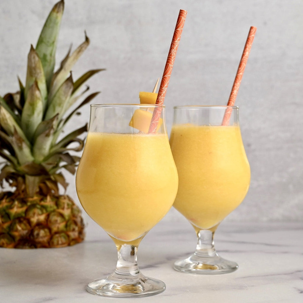 Two glasses filled with mango pina coladas and a straw in each glass