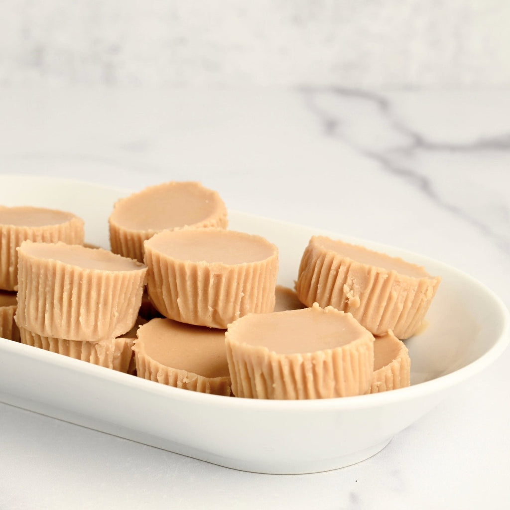 White ceramic bowl filled with homemade peanut butter cups