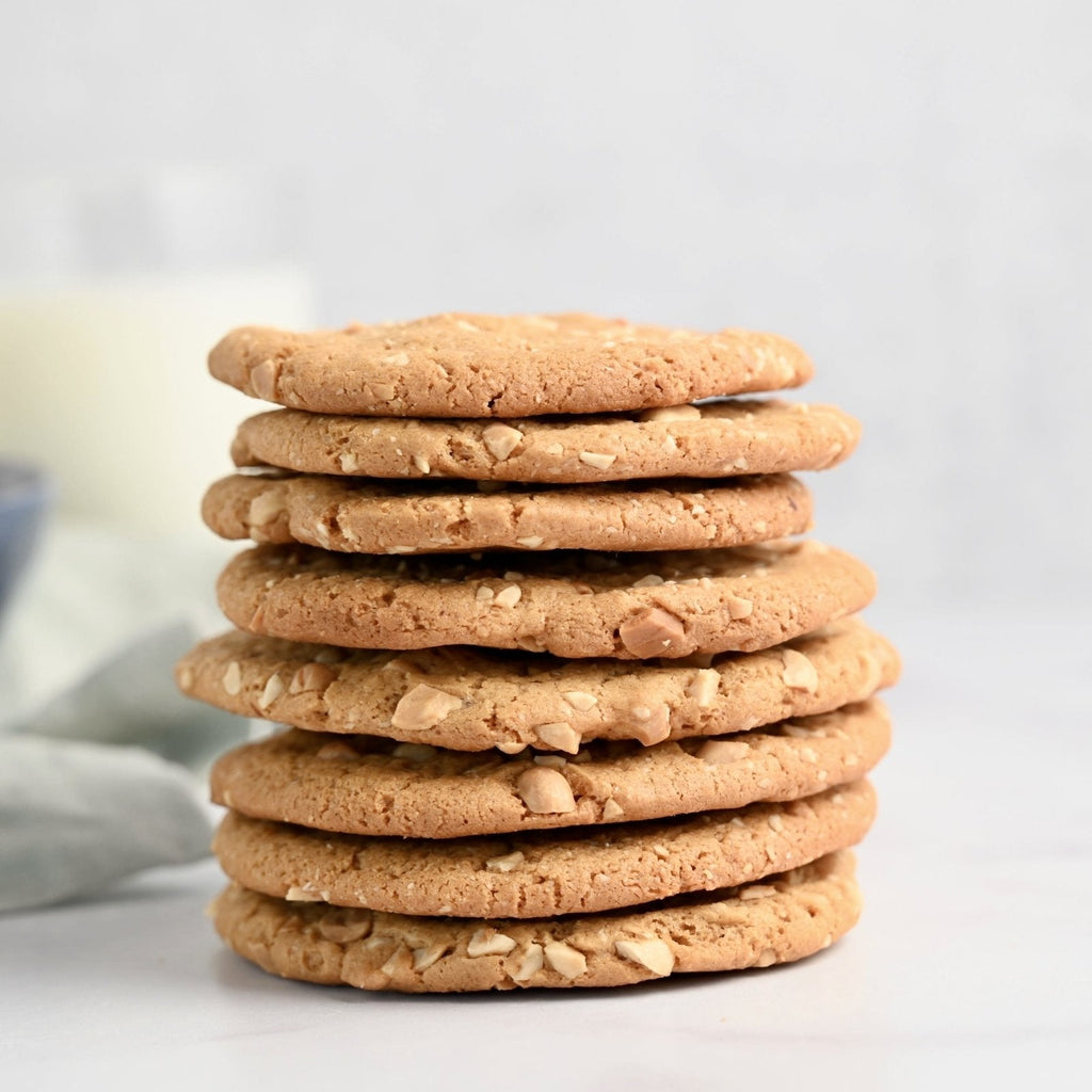 A vertical stack of peanut butter cookies