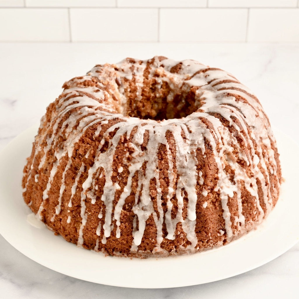 White ceramic plate with one large bundt cake covered in white icing drizzled on top