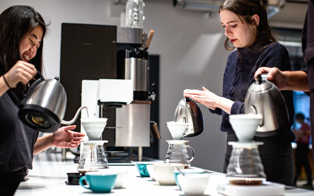 Three individuals are making pour over coffee with Bonavita kettles in a training class.