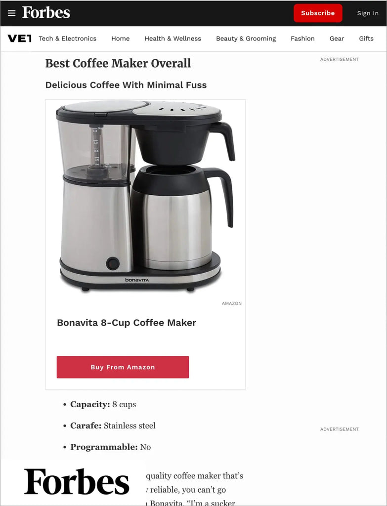 Forbes magazine recommends bonavita coffee brewers