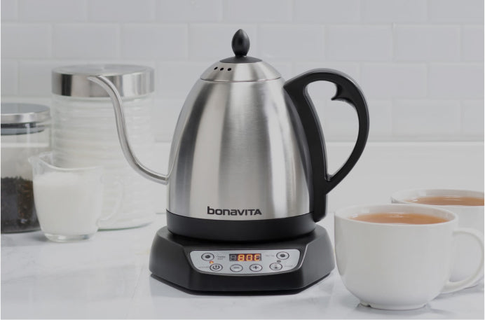 Side profile picture of a Bonavita gooseneck coffee kettle.